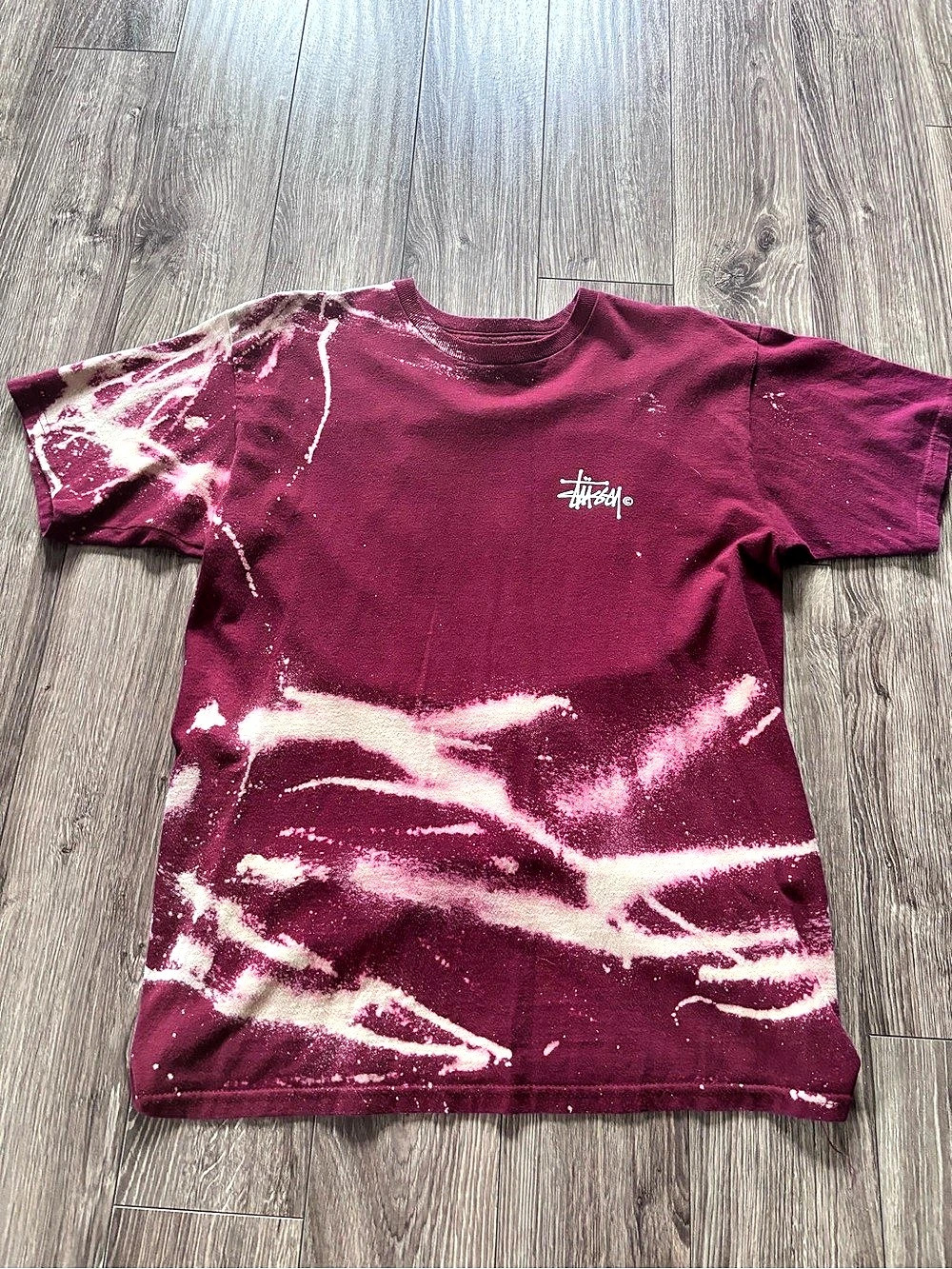 Stussy Bleached Basic Logo Tee Burgundy & Cream Medium